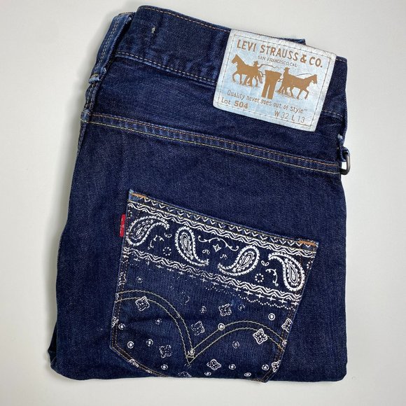 Levis Men Jean Shorts 504 Straight Dark Wash Paisley Pockets Denim Blue Sz 32x13 - Picture 1 of 15